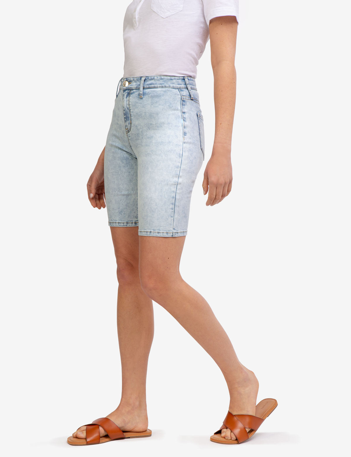 High Rise Bermuda Shorts with Destructed Design & Button Closure