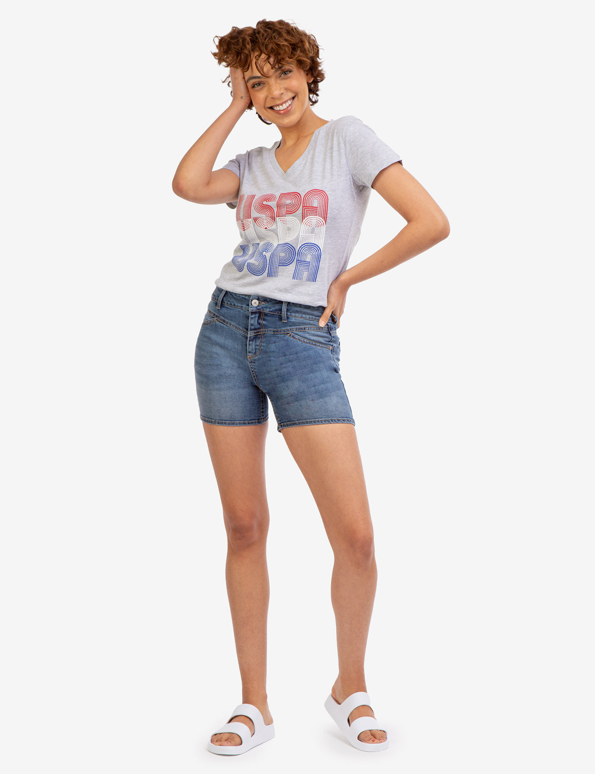 Vintage High Rise Denim Shorts with Yoke & Button Closure