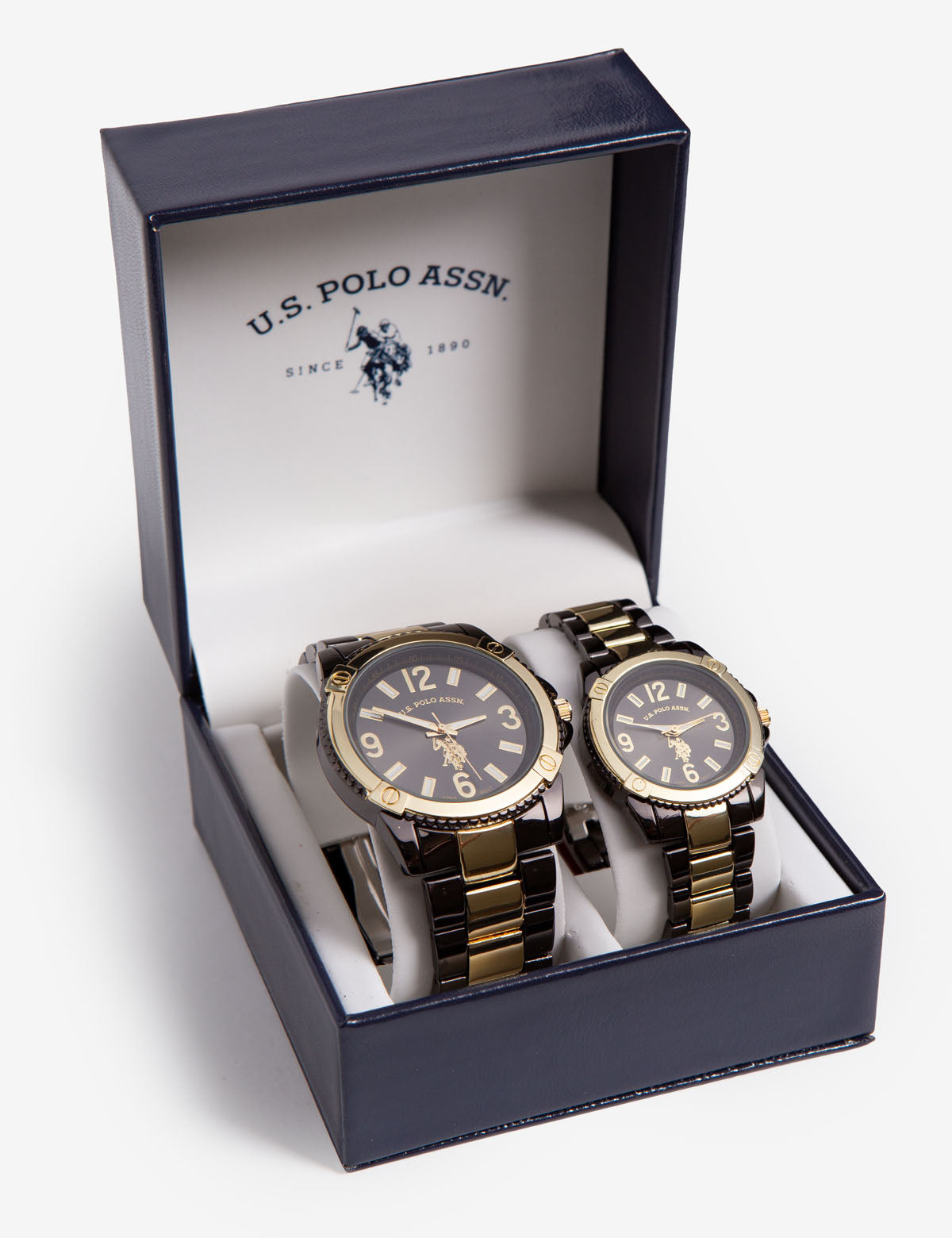 Black & Gold Couple's Bracelet Watch Set with Glass Dial & Link Strap