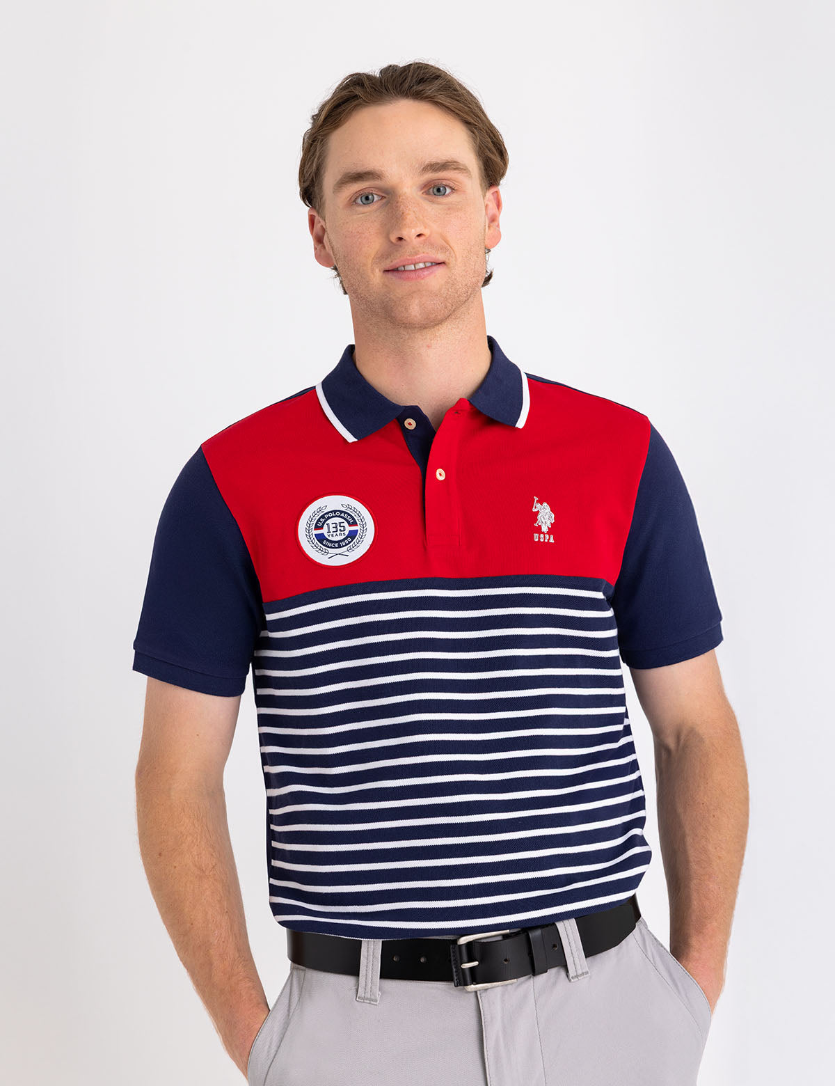 Color Block Pique Polo Shirt with Anniversary Crest | Timeless Style