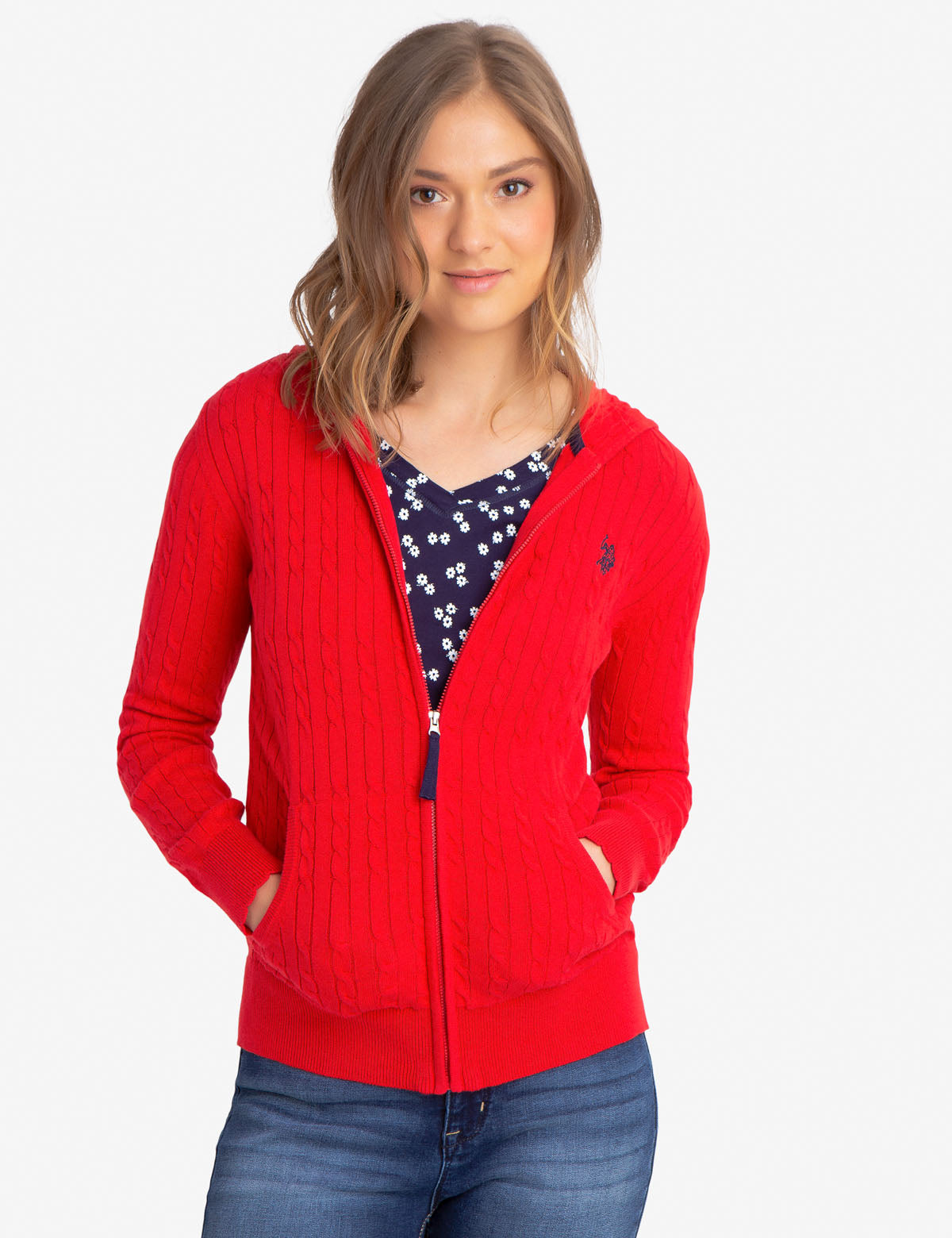 Hooded Cable Knit Sweater with Full Zipper | Machine Washable