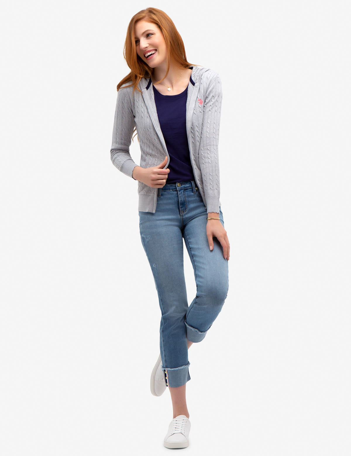Hooded Cable Knit Sweater with Full Zipper | Machine Washable