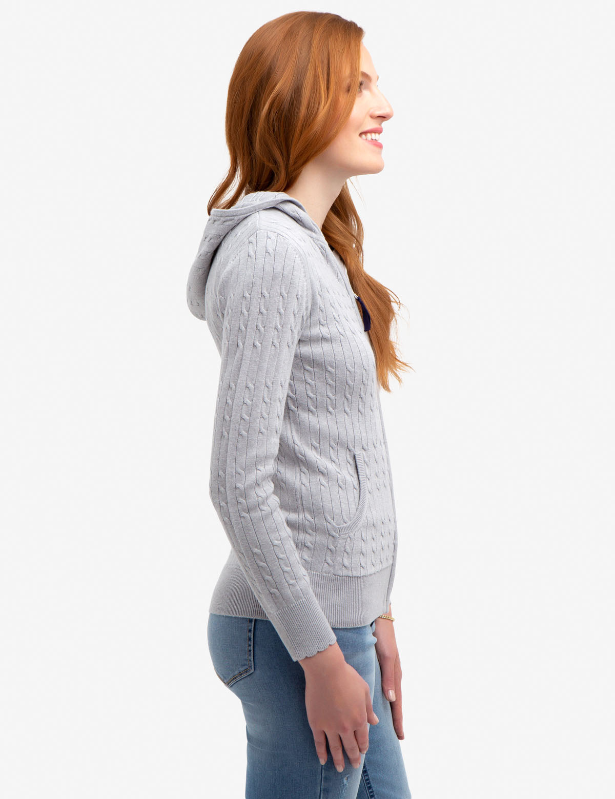 Hooded Cable Knit Sweater with Full Zipper | Machine Washable