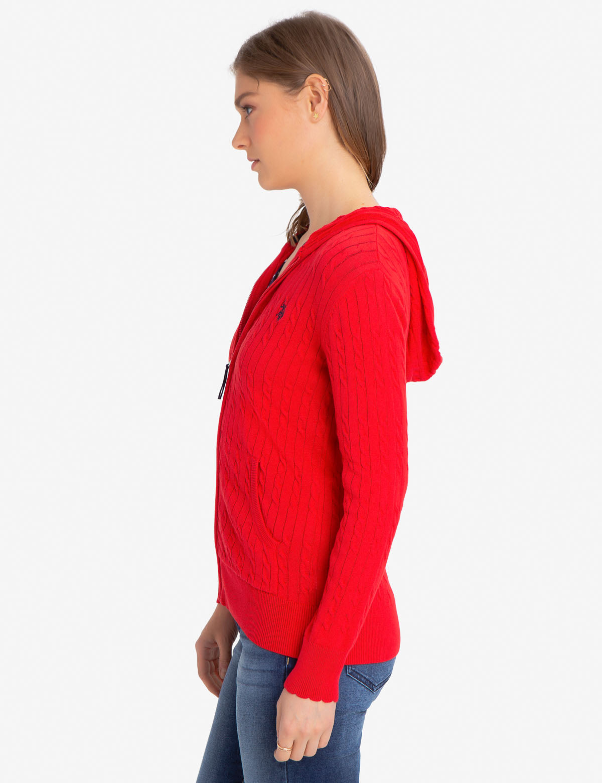 Hooded Cable Knit Sweater with Full Zipper | Machine Washable