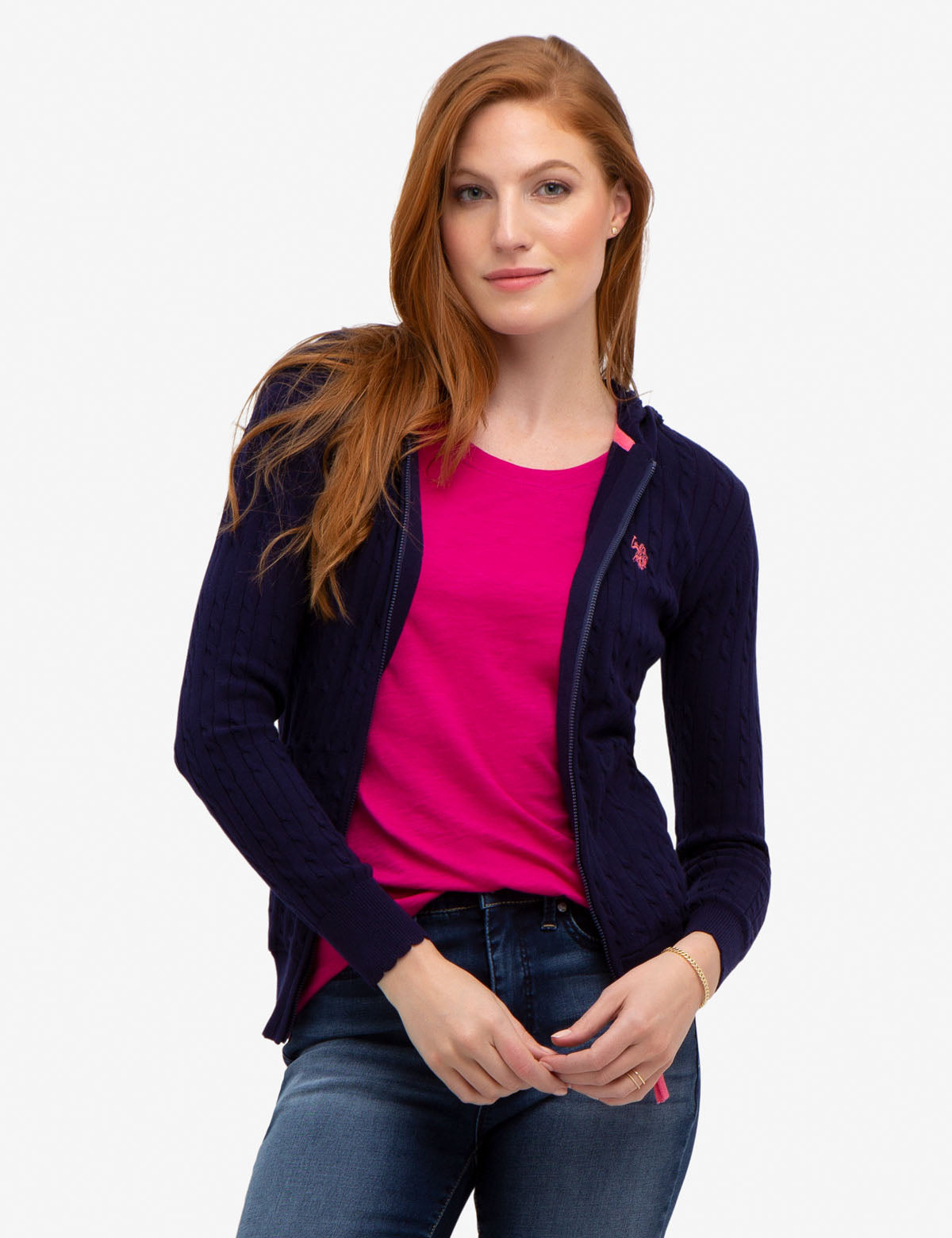 Hooded Cable Knit Sweater with Full Zipper | Machine Washable