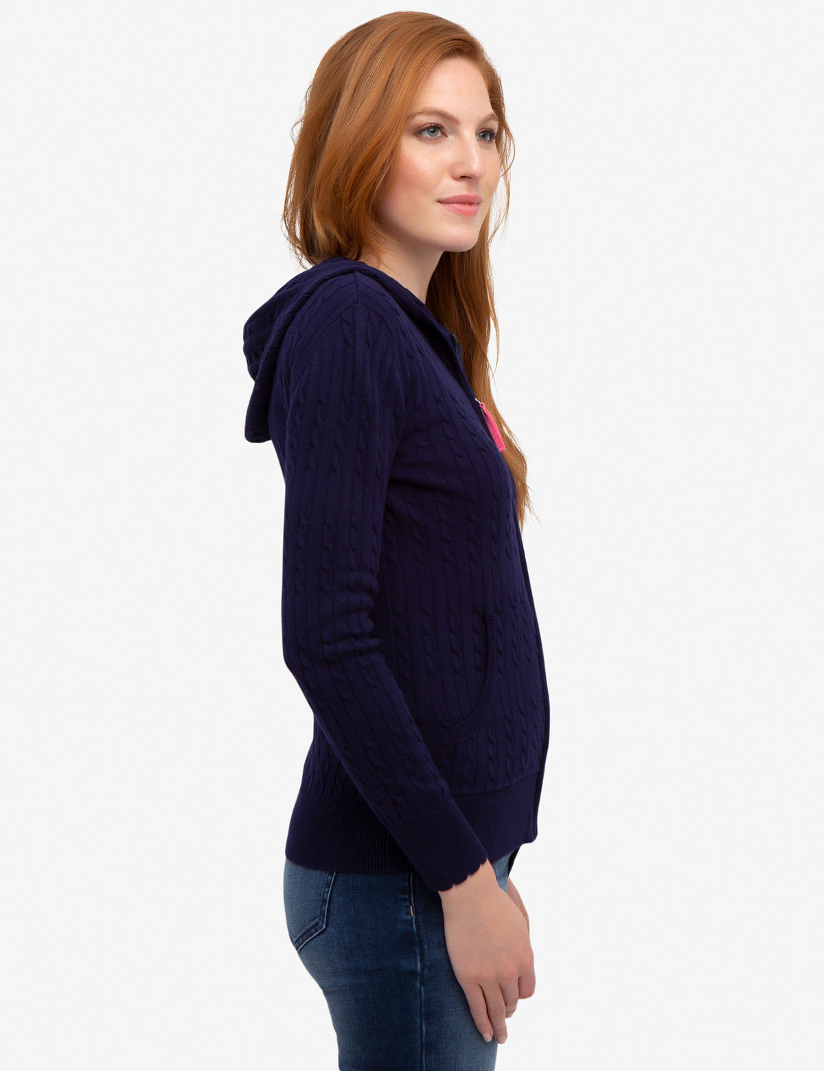Hooded Cable Knit Sweater with Full Zipper | Machine Washable