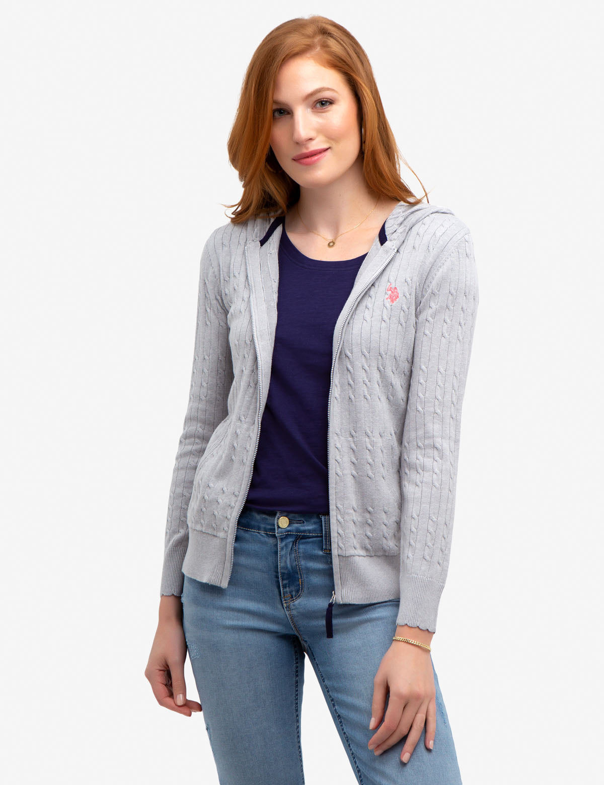 Hooded Cable Knit Sweater with Full Zipper | Machine Washable