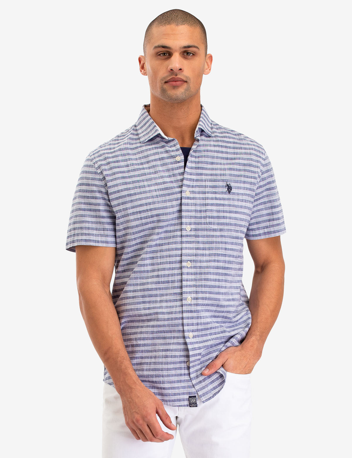 Horizontal Stripe Short Sleeve Button-Up Shirt | 100% Cotton