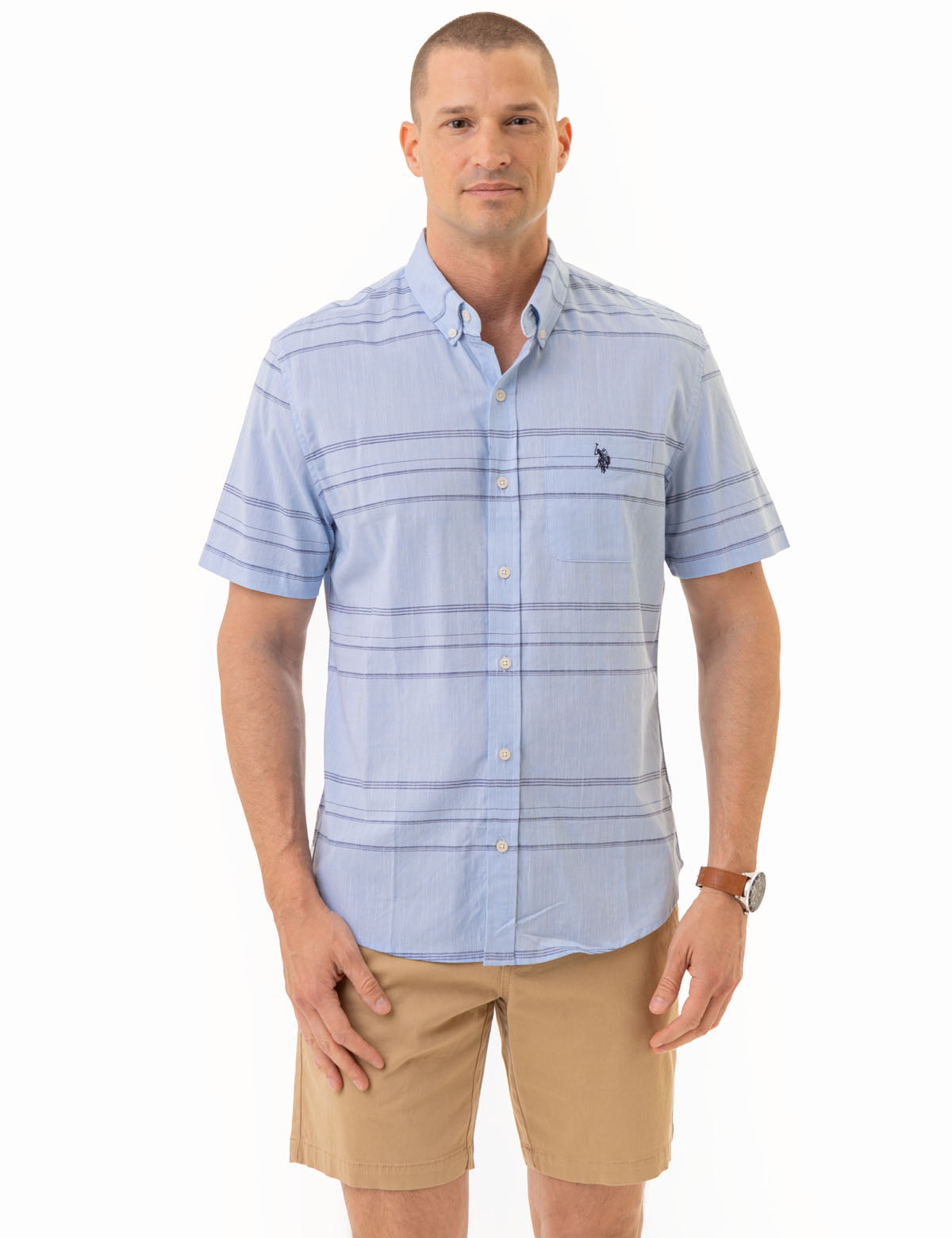 Horizontal Stripe Short Sleeve Shirt | Cotton-Blend Casual Wear