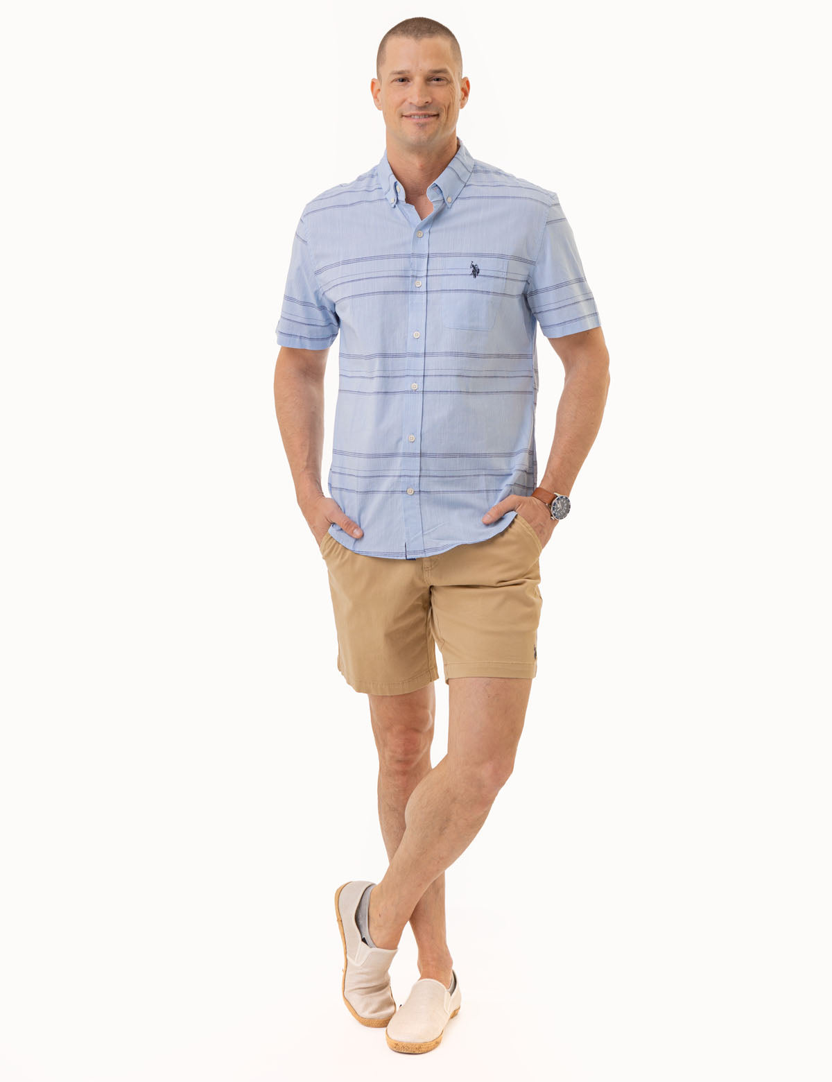 Horizontal Stripe Short Sleeve Shirt | Cotton-Blend Casual Wear