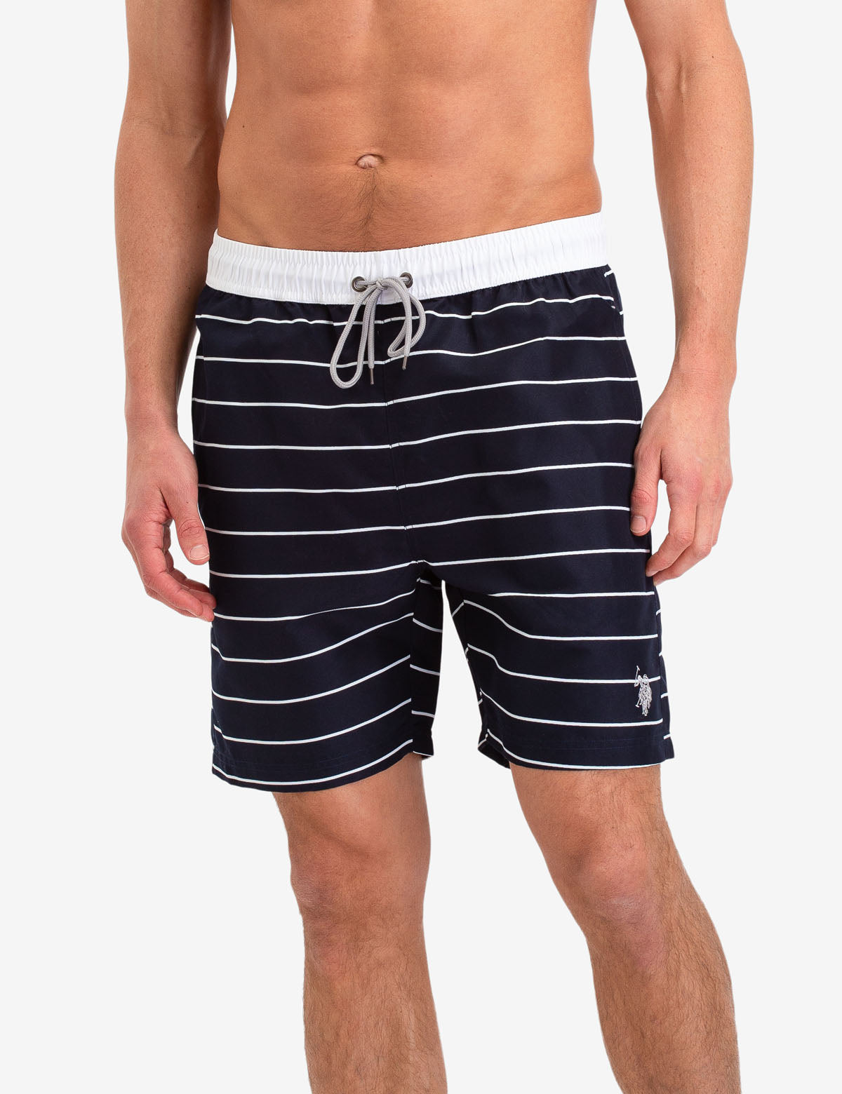 Horizontal Stripe Swim Trunks with Drawstring Waist & Back Pocket