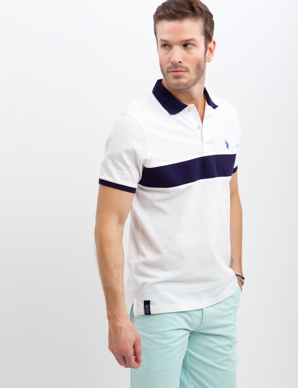 Horizontal Striped Polo Shirt with Ribbed Cuffs & Embroidered Logo
