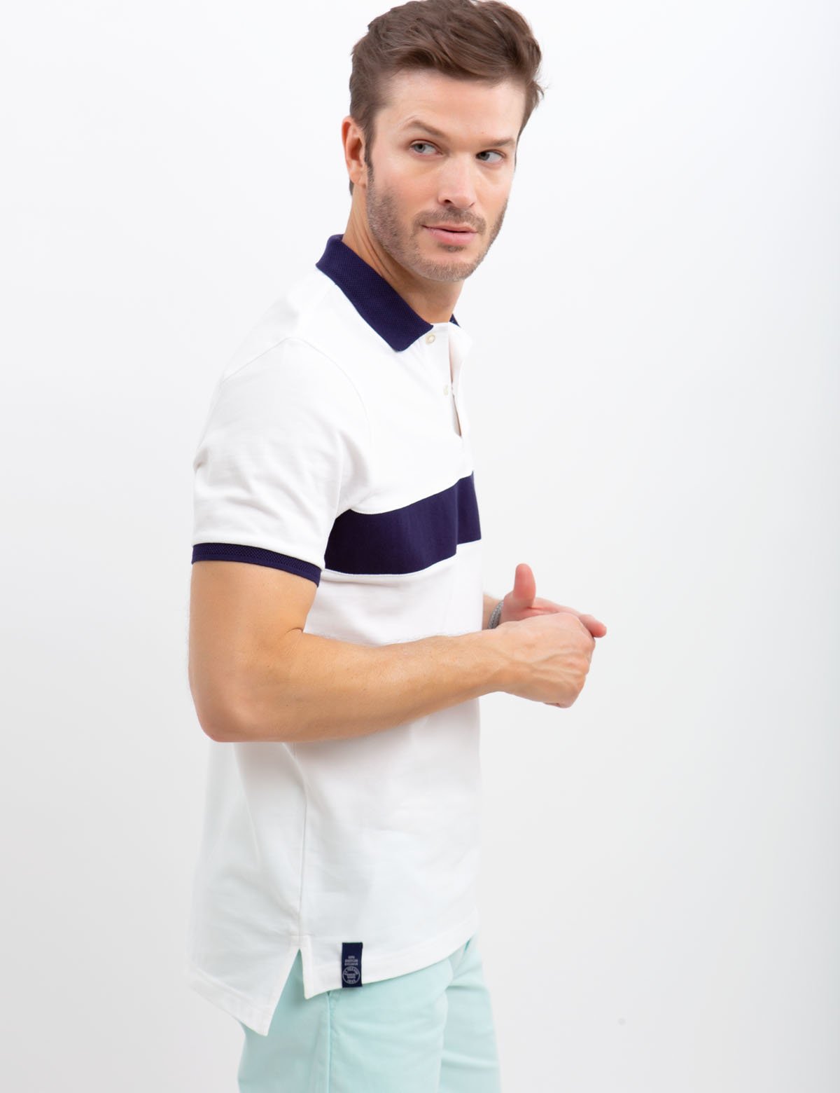 Horizontal Striped Polo Shirt with Ribbed Cuffs & Embroidered Logo