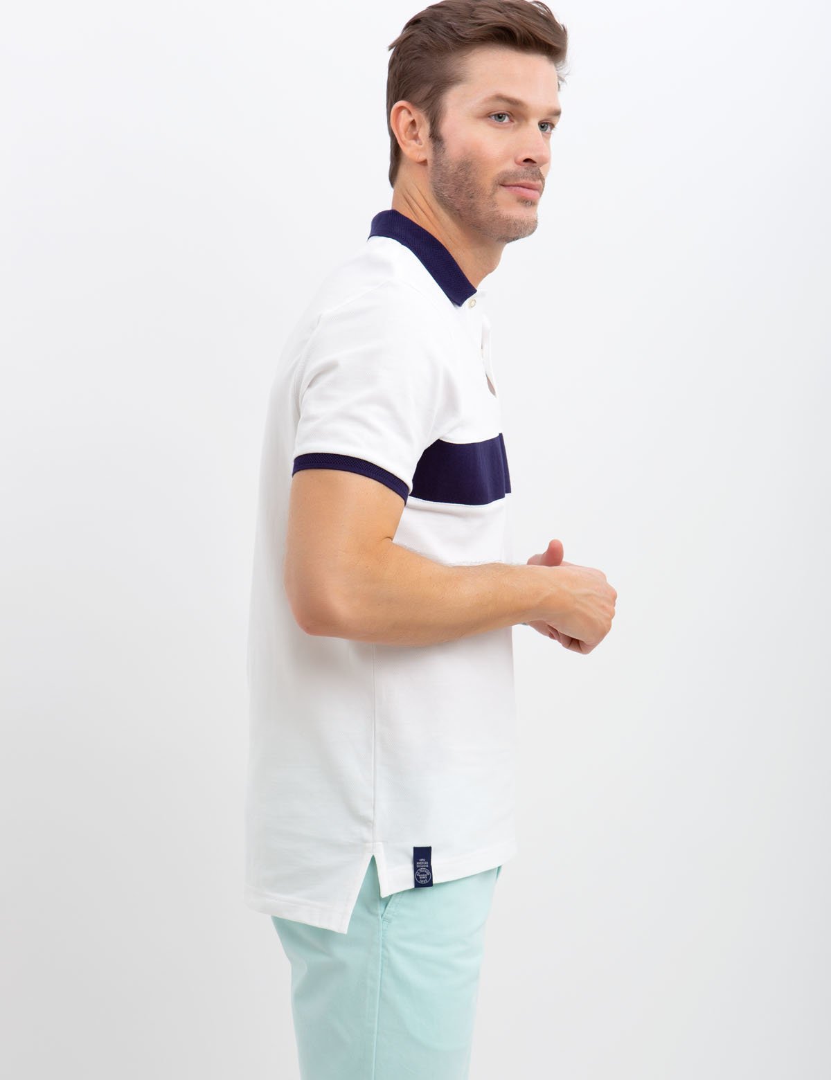 Horizontal Striped Polo Shirt with Ribbed Cuffs & Embroidered Logo
