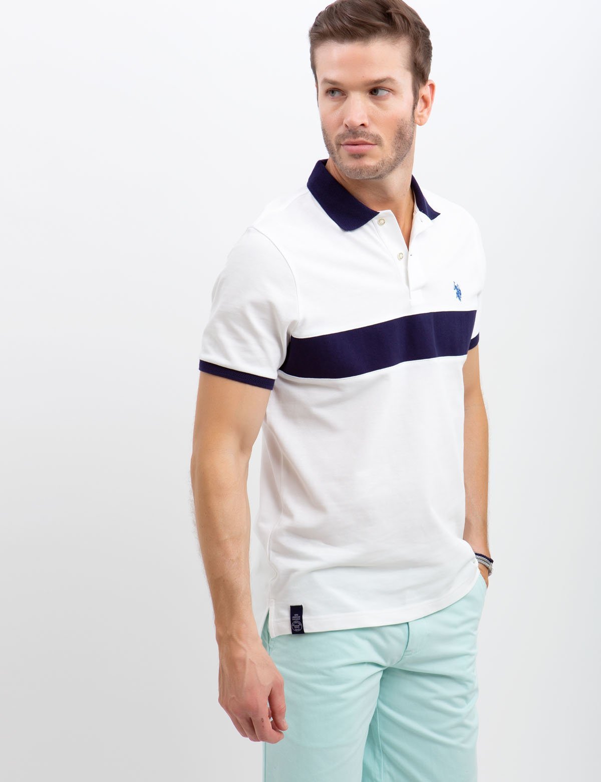 Horizontal Striped Polo Shirt with Ribbed Cuffs & Embroidered Logo