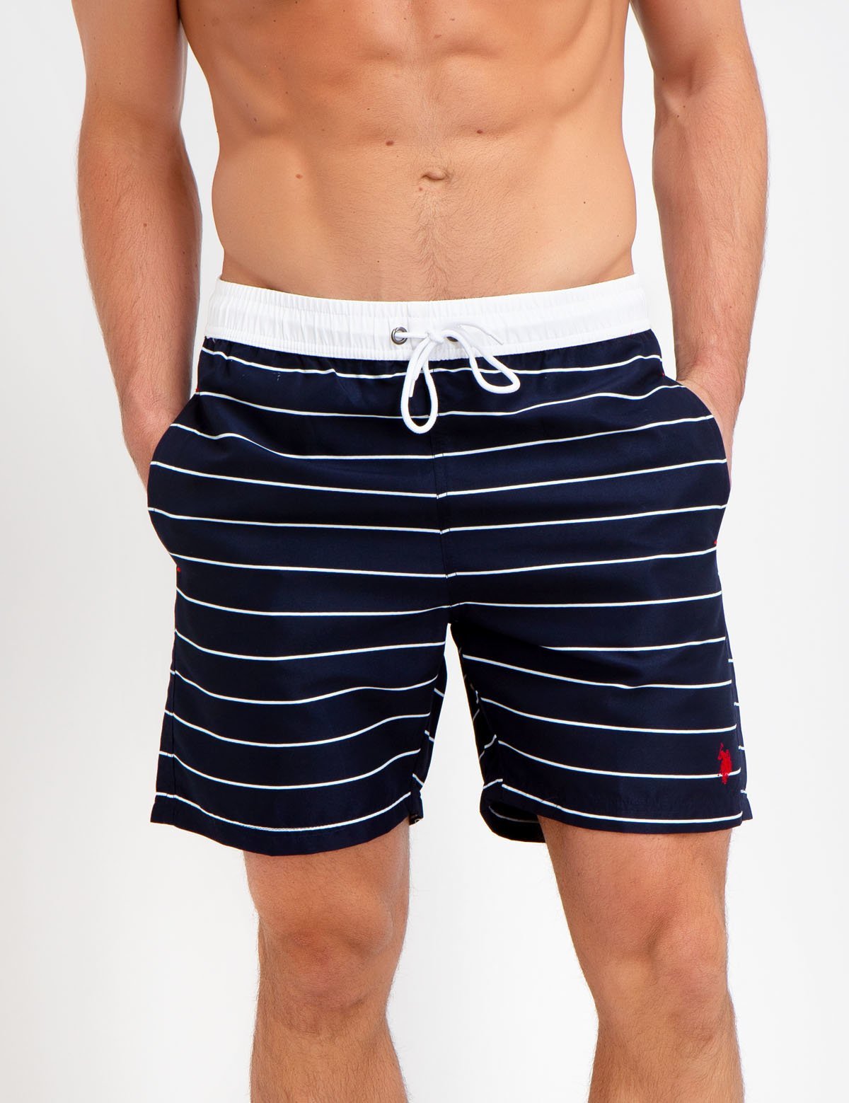 Horizontal Striped Swim Trunks with Mesh Lining & Pockets