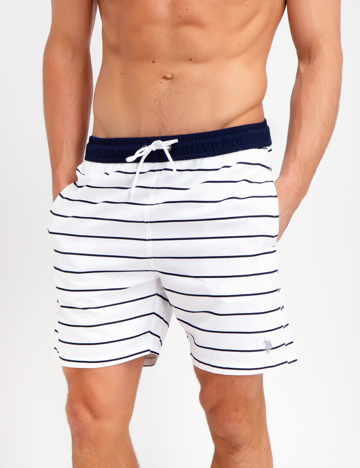 Horizontal Striped Swim Trunks with Mesh Lining & Pockets