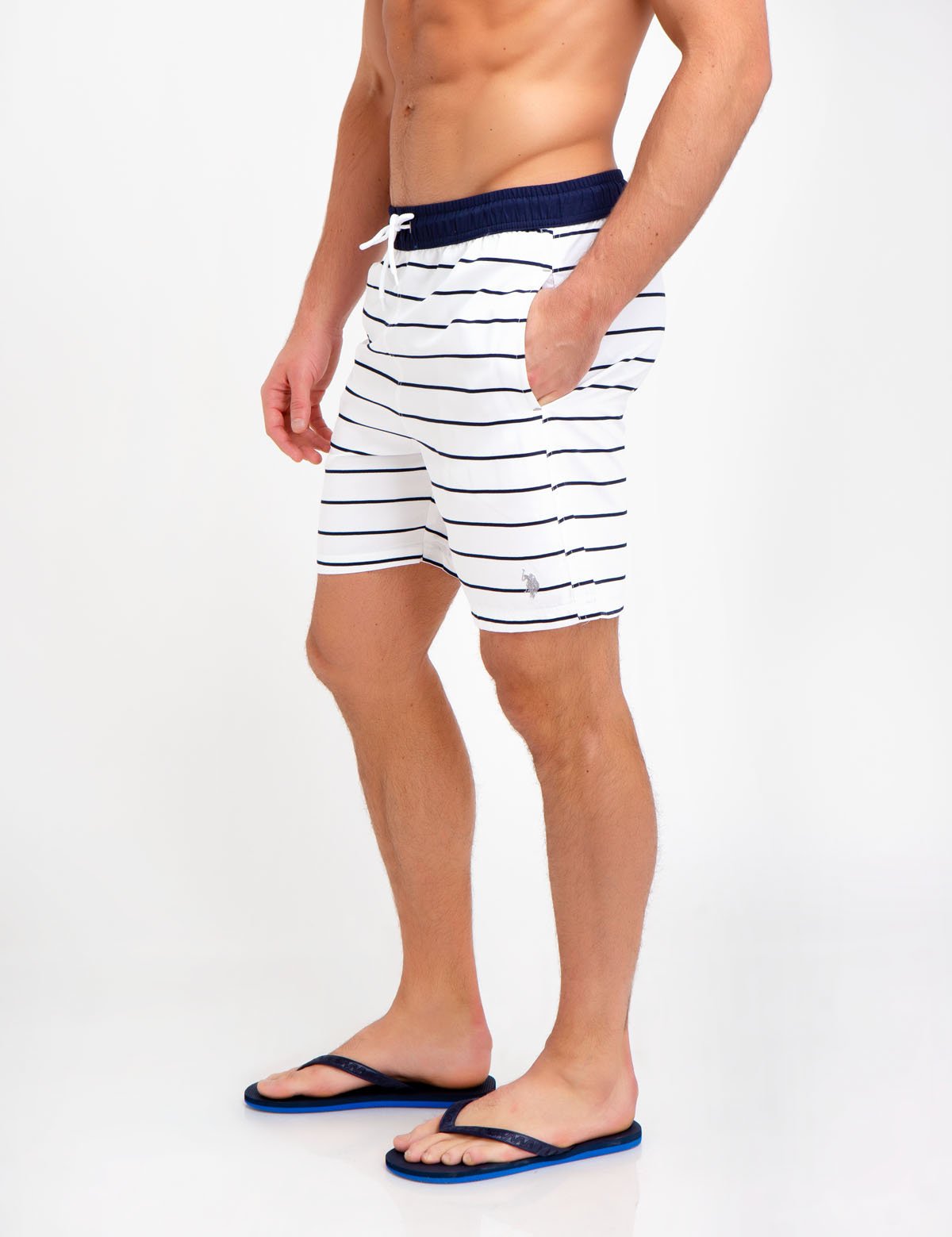 Horizontal Striped Swim Trunks with Mesh Lining & Pockets