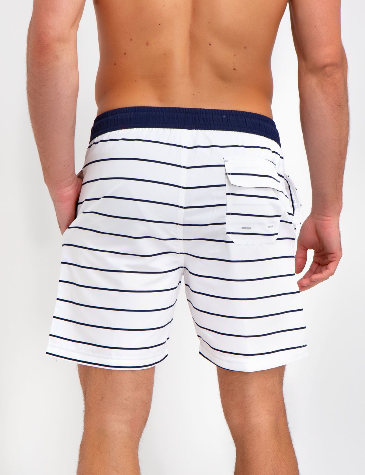 Horizontal Striped Swim Trunks with Mesh Lining & Pockets
