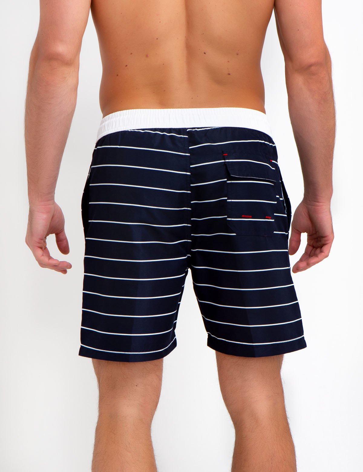 Horizontal Striped Swim Trunks with Mesh Lining & Pockets