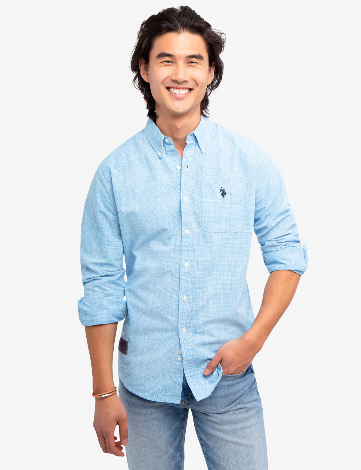 Houndstooth Slub Shirt with Embroidered Logo | Casual Men's Top
