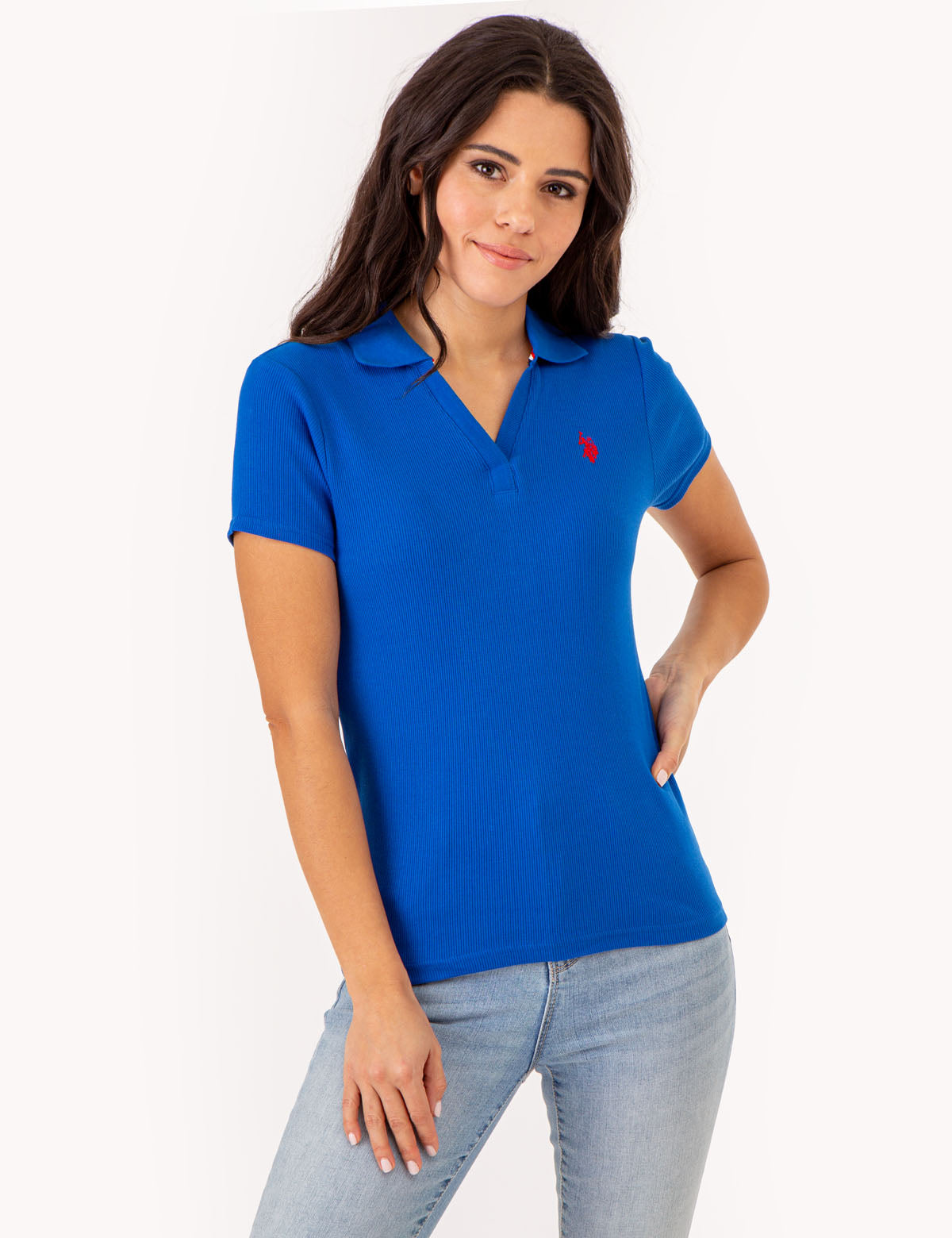 Ribbed Polo Shirt with Split Neck & Point Collar | Slim Fit Cotton Top