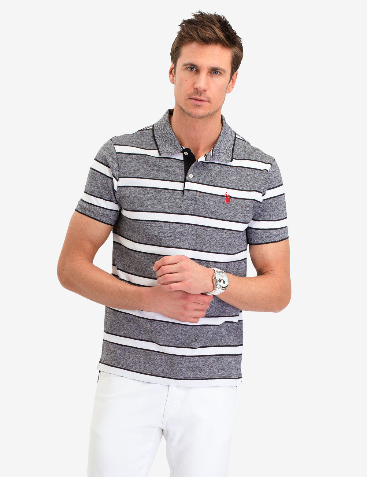 Jacquard Stripe Polo Shirt with Embroidered Logo | Jersey Fit