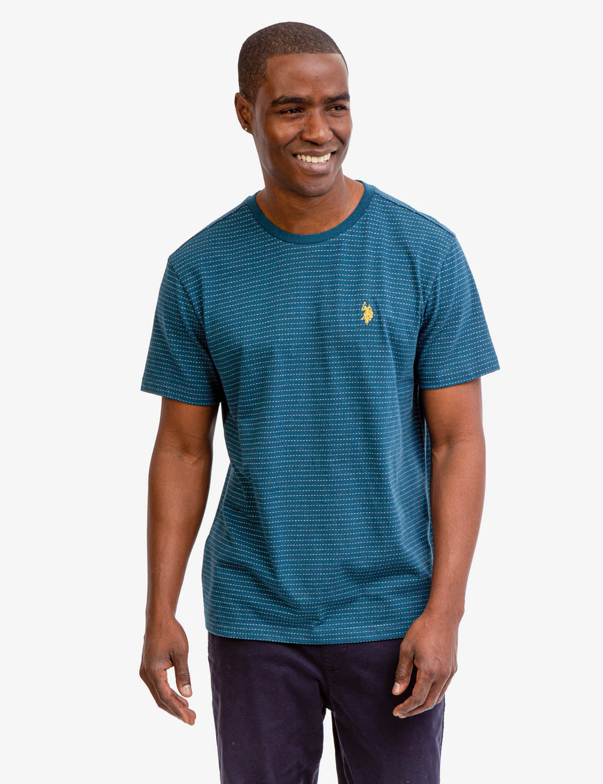 Jacquard Micro Stripe Crew Neck T-Shirt | Contrast Stitched Logo