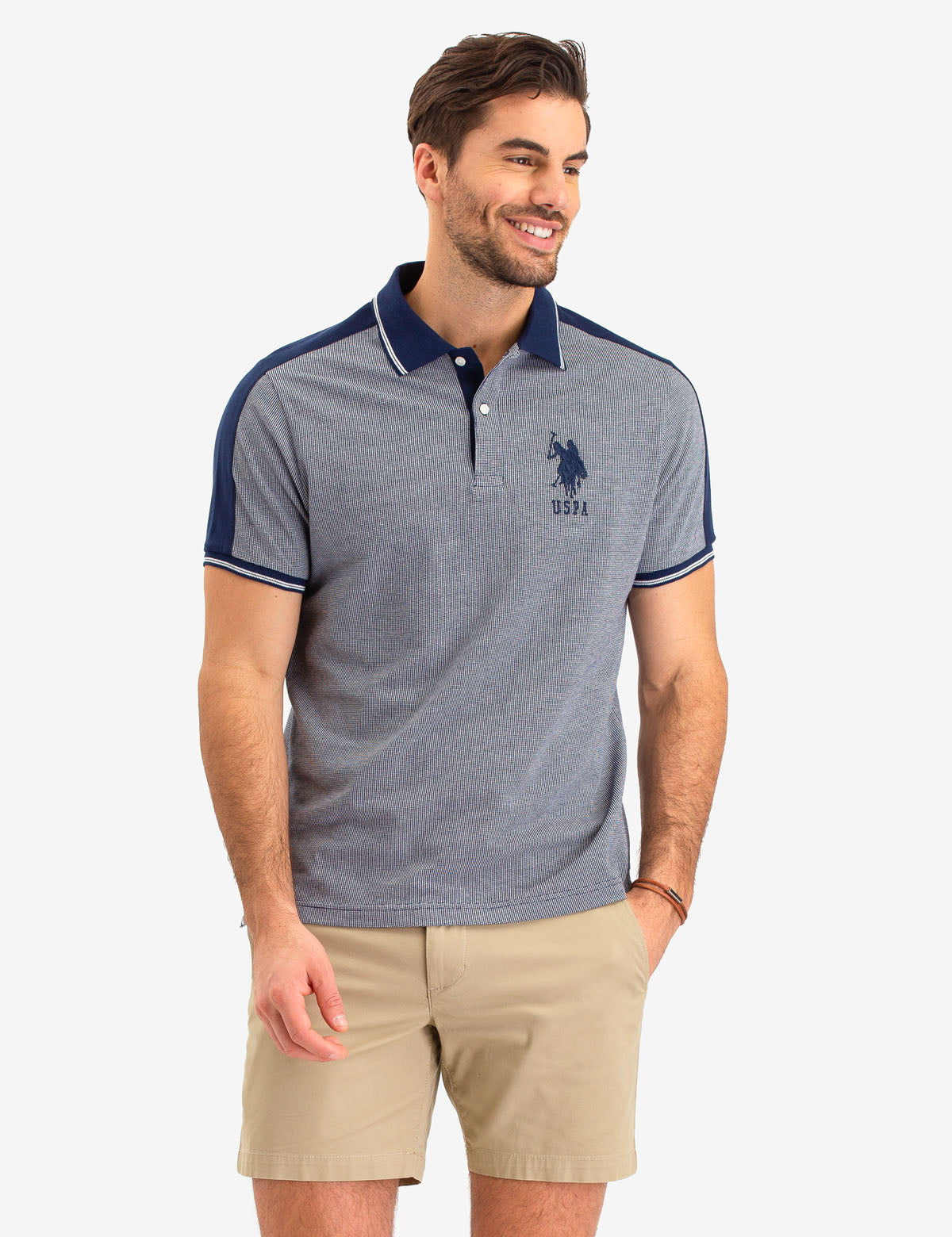 Jacquard Polo Shirt with Shoulder Stripe & Contrast Collar | Slim Fit