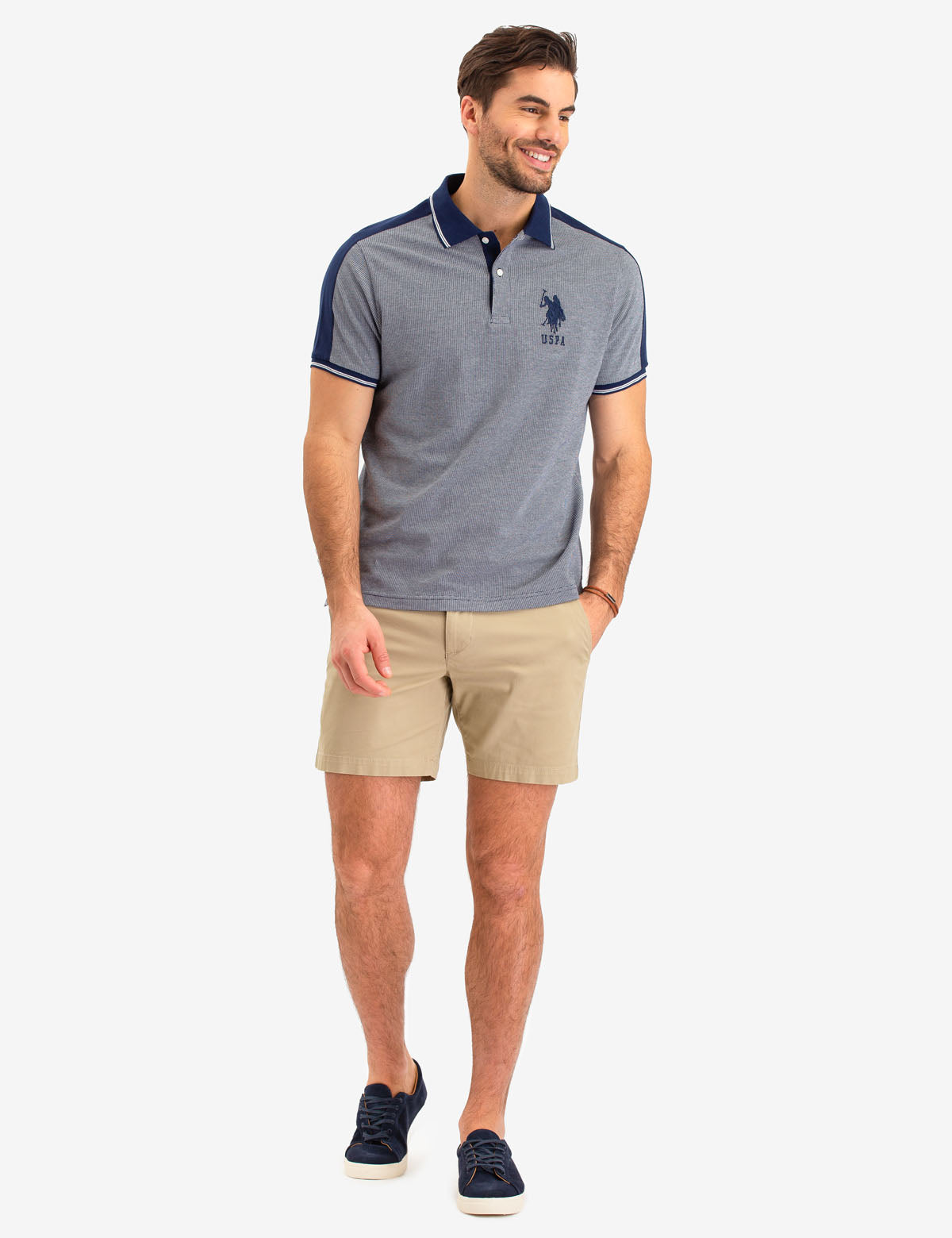 Jacquard Polo Shirt with Shoulder Stripe & Contrast Collar | Slim Fit
