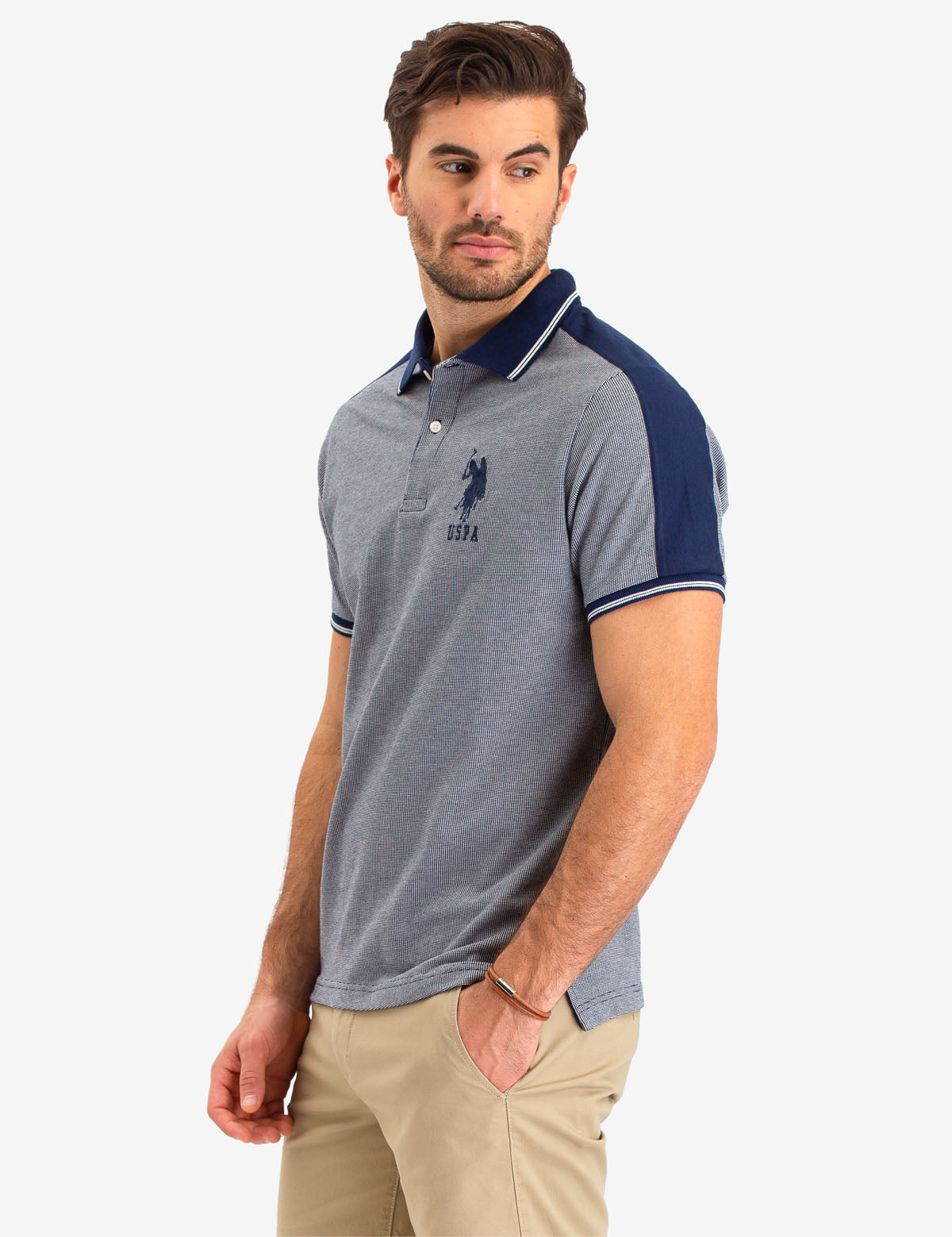 Jacquard Polo Shirt with Shoulder Stripe & Contrast Collar | Slim Fit