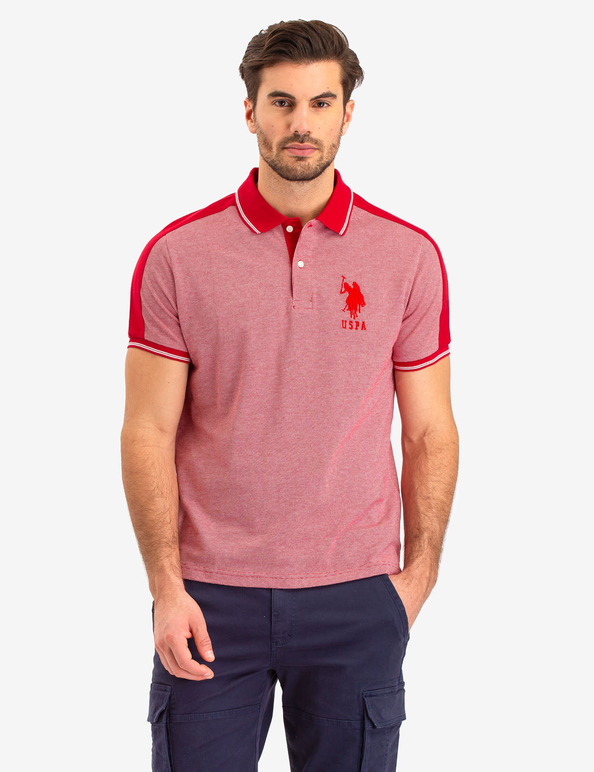Jacquard Polo Shirt with Shoulder Stripe & Contrast Collar | Slim Fit