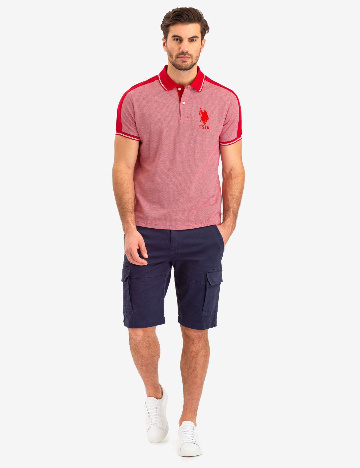 Jacquard Polo Shirt with Shoulder Stripe & Contrast Collar | Slim Fit
