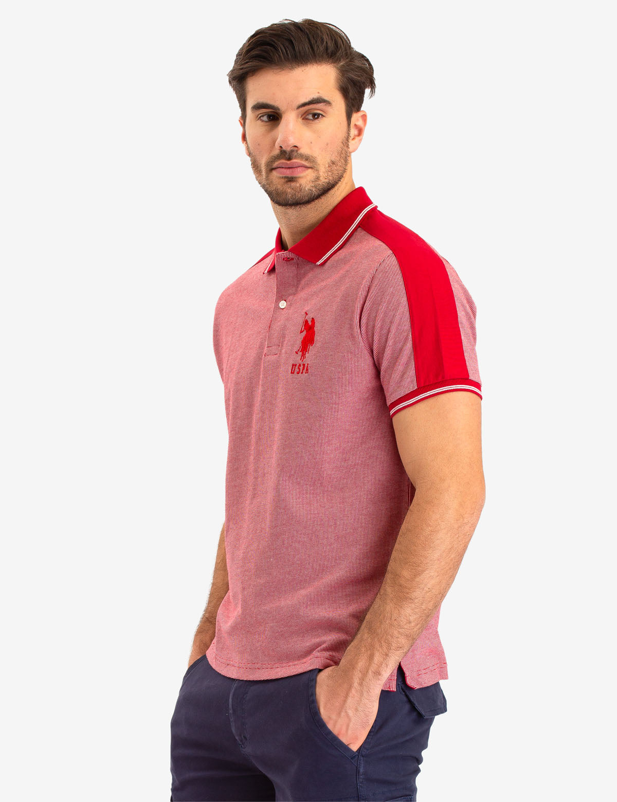 Jacquard Polo Shirt with Shoulder Stripe & Contrast Collar | Slim Fit