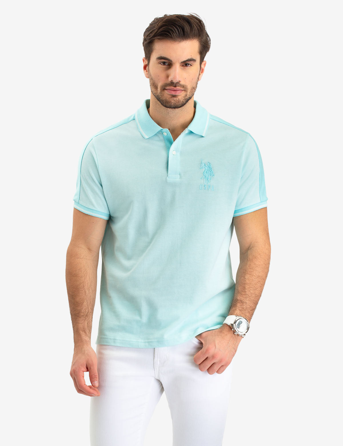 Jacquard Polo Shirt with Shoulder Stripe & Contrast Collar | Slim Fit