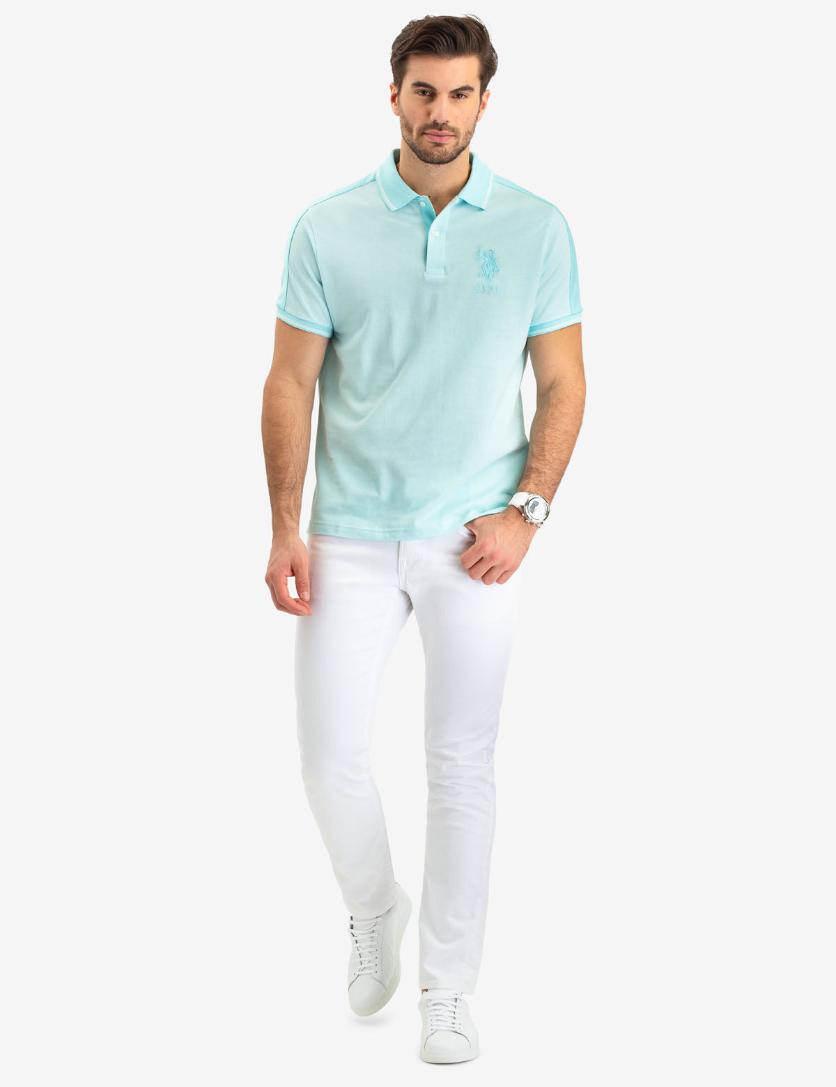 Jacquard Polo Shirt with Shoulder Stripe & Contrast Collar | Slim Fit