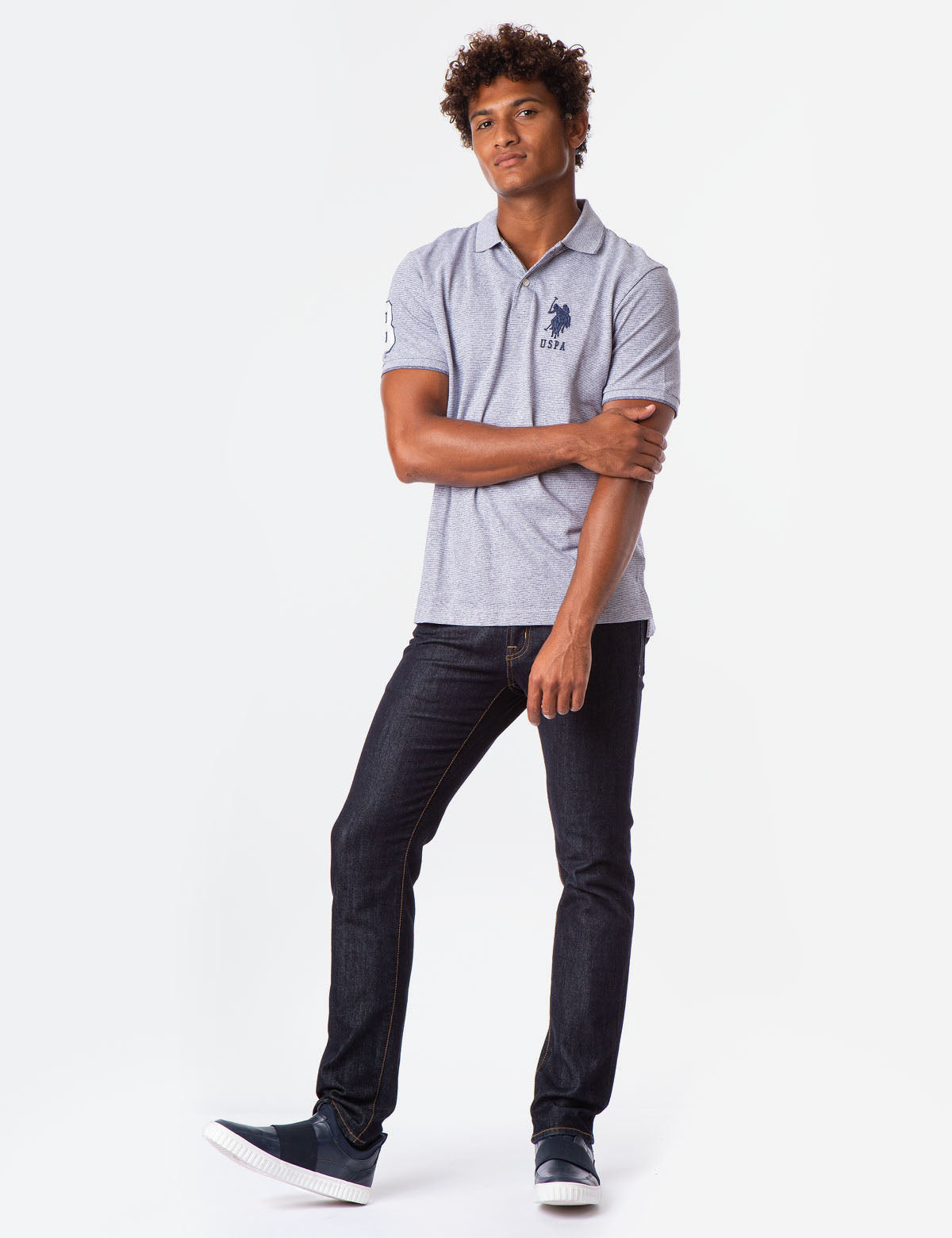 Jacquard Stripe Polo Shirt with Big Logo & Ribbed Cuffs | Classic Fit