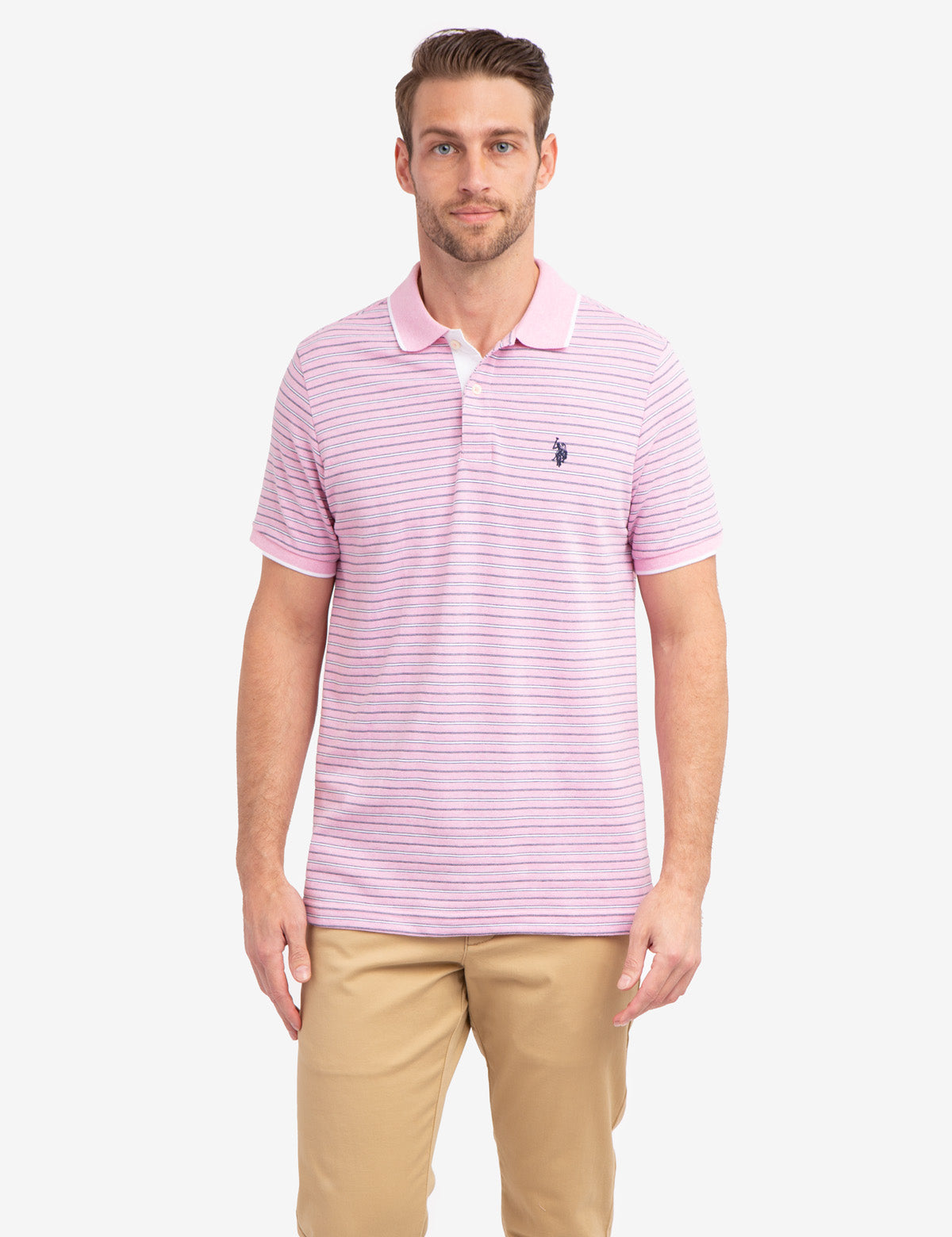 Jacquard Stripe Polo Shirt with Tipped Collar & Rib Cuffs | Classic Jersey Fit