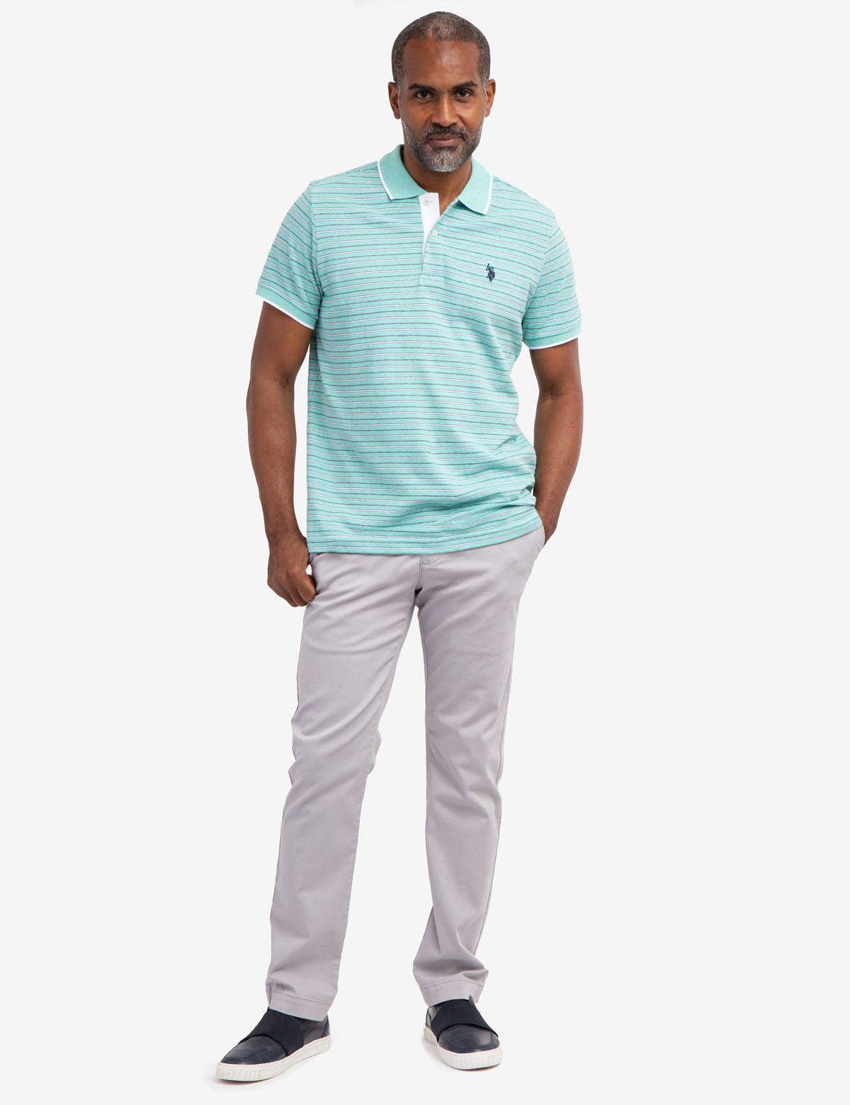 Jacquard Stripe Polo Shirt with Tipped Collar & Rib Cuffs | Classic Jersey Fit