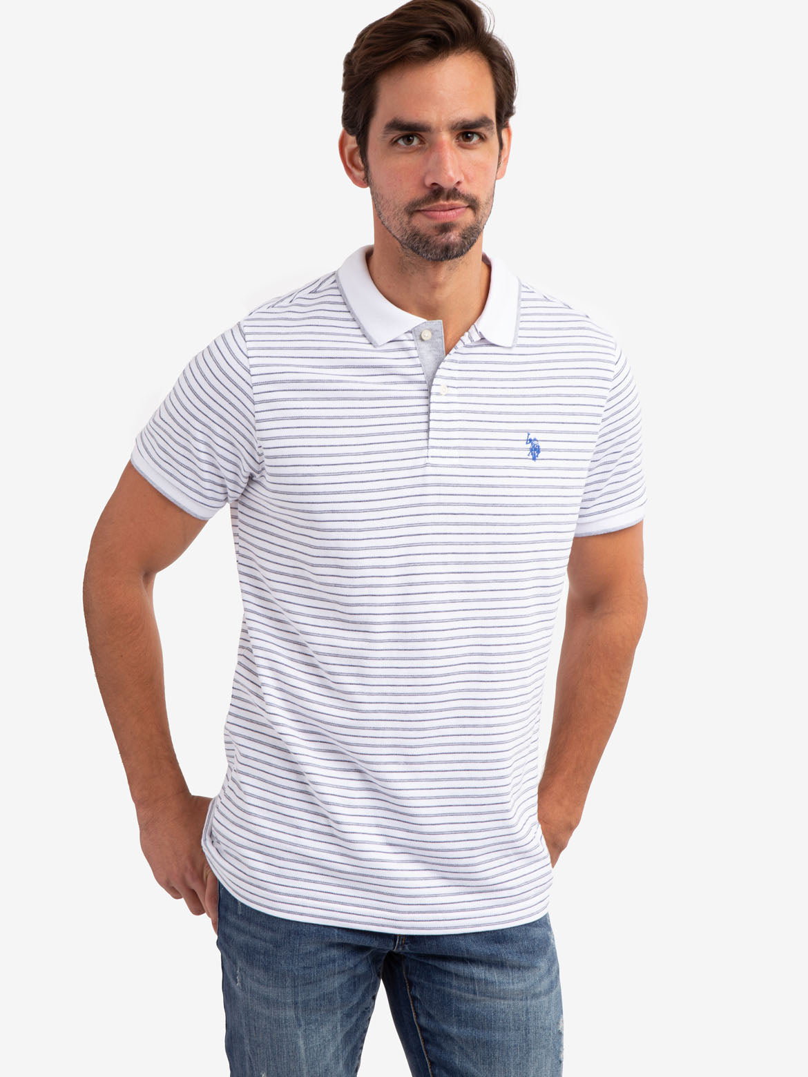 Jacquard Stripe Polo Shirt with Tipped Collar & Rib Cuffs | Classic Jersey Fit