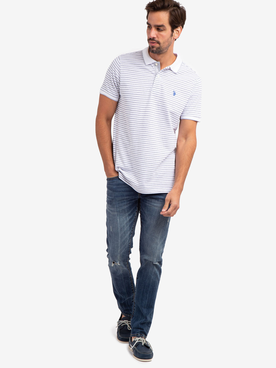 Jacquard Stripe Polo Shirt with Tipped Collar & Rib Cuffs | Classic Jersey Fit