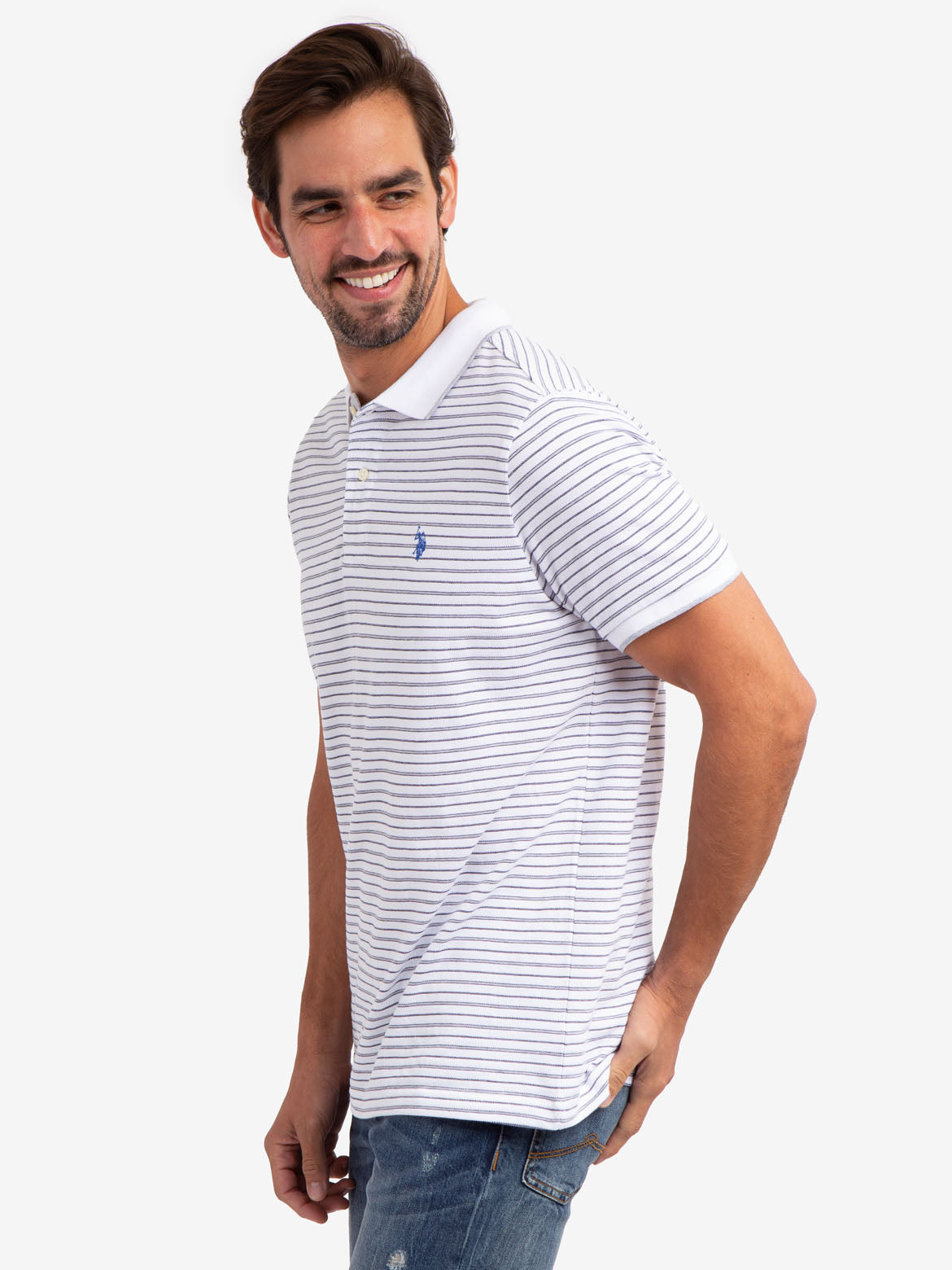 Jacquard Stripe Polo Shirt with Tipped Collar & Rib Cuffs | Classic Jersey Fit