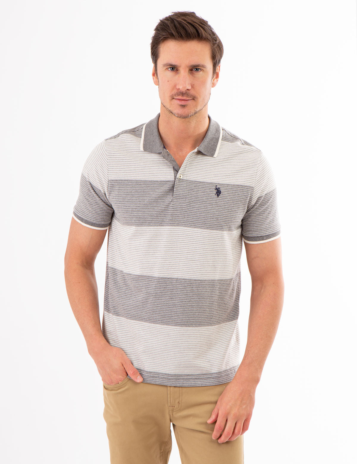Jacquard Striped Polo Shirt with Tipped Collar | 100% Cotton