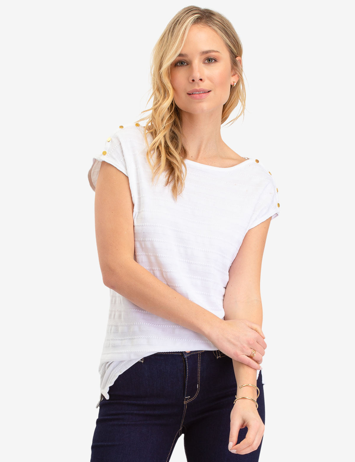 Jacquard Striped Top with Cap Sleeves & Stud Details | Bateau Neckline