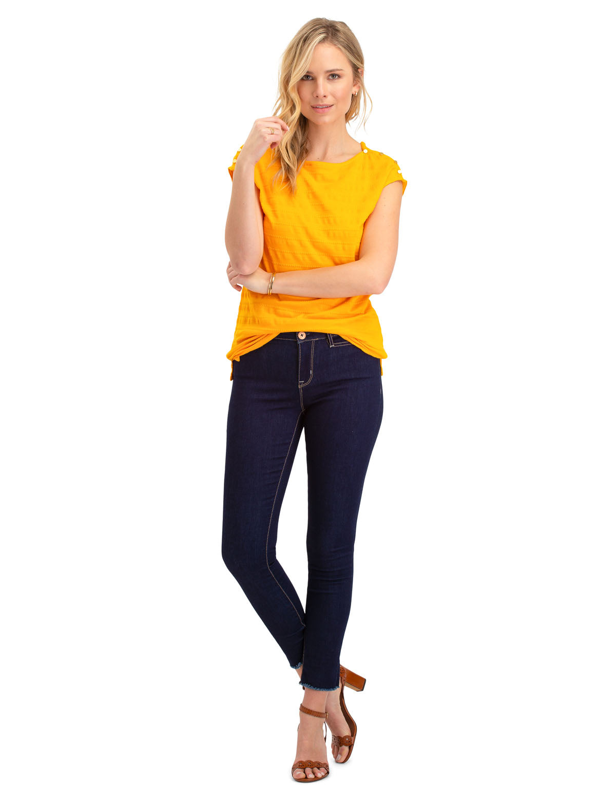 Jacquard Striped Top with Cap Sleeves & Stud Details | Bateau Neckline