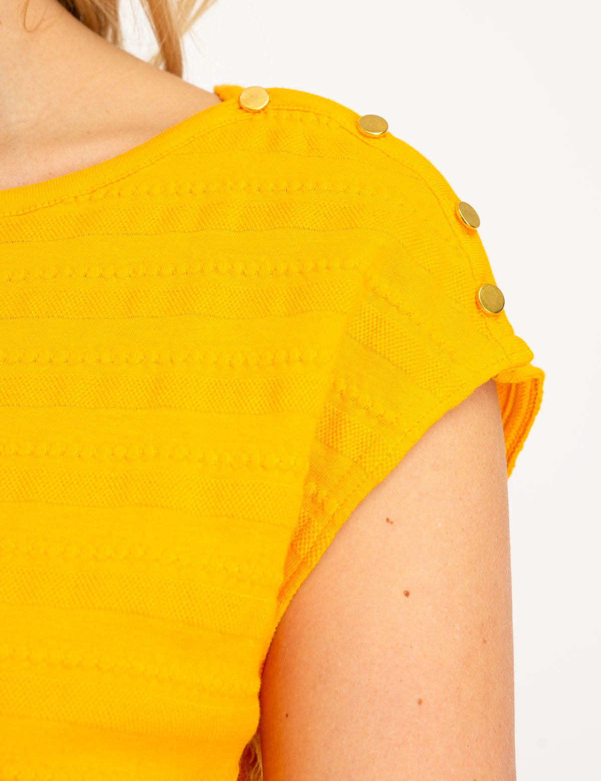 Jacquard Striped Top with Cap Sleeves & Stud Details | Bateau Neckline