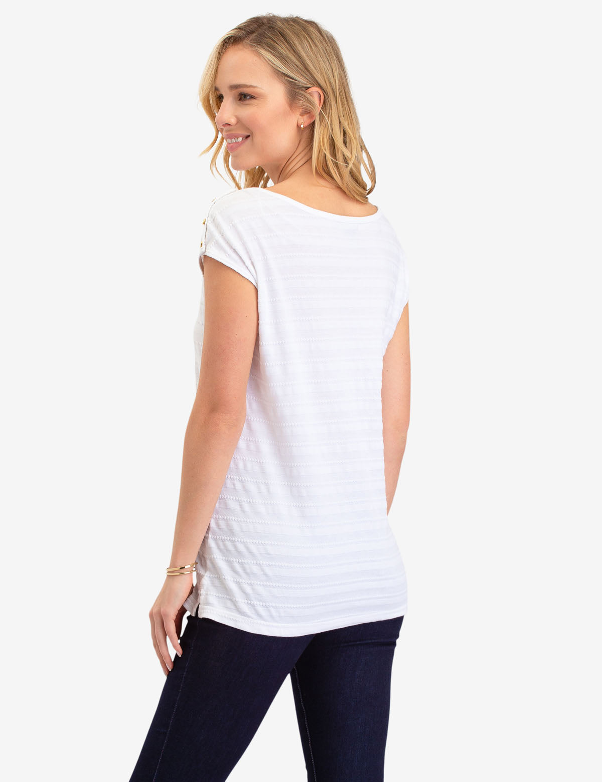 Jacquard Striped Top with Cap Sleeves & Stud Details | Bateau Neckline