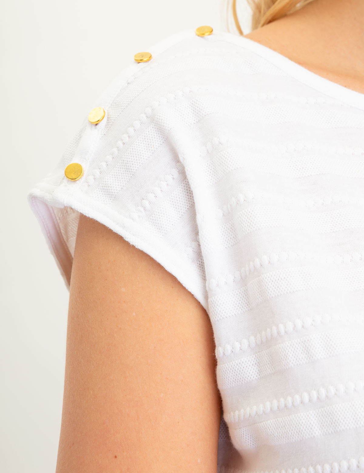Jacquard Striped Top with Cap Sleeves & Stud Details | Bateau Neckline