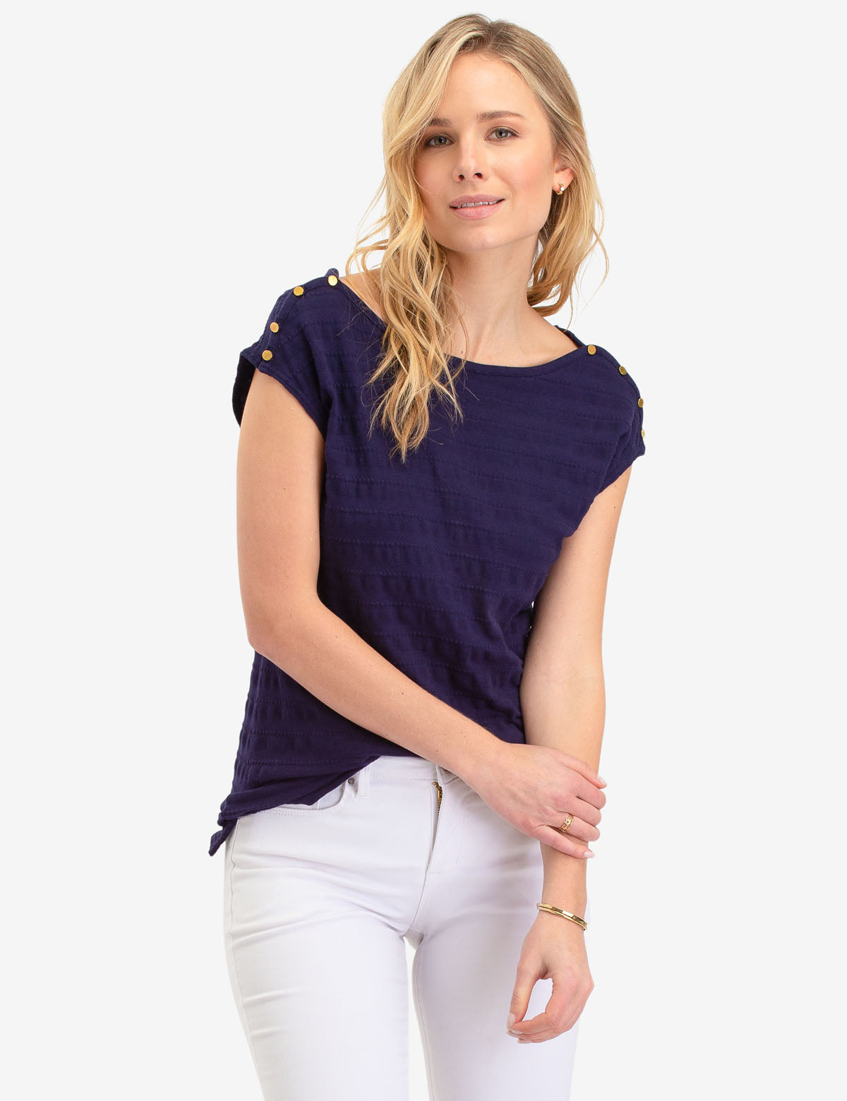 Jacquard Striped Top with Cap Sleeves & Stud Details | Bateau Neckline