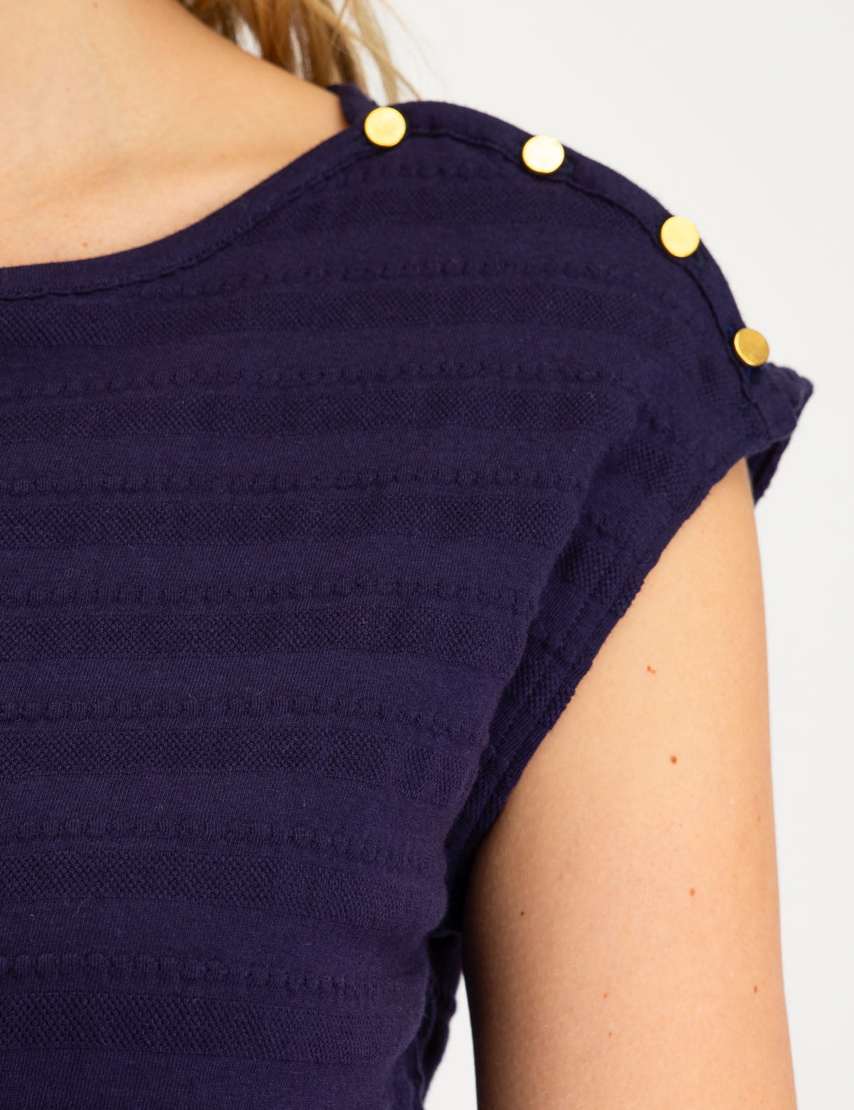 Jacquard Striped Top with Cap Sleeves & Stud Details | Bateau Neckline